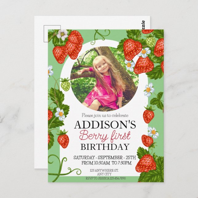 Cute Photo Red Blue Berry Sweet 1st Birthday Postcard (Front/Back)