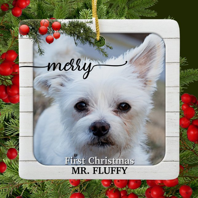 Cute Photo Rustic White Wood First Christmas Ceram Ceramic Ornament (Christmas ornament featuring a custom (pet) photo framed by rustic white wood and berries with pine)