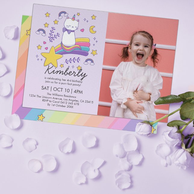 Cute Photo Unicorn Cat Kids Birthday Party Invitation (Creator Uploaded)