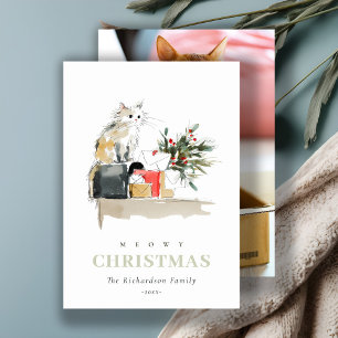 Cute Photo Watercolor Meowy Christmas Gift Cat Holiday Card