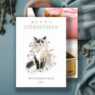 Cute Photo Watercolor Meowy Christmas Lights Cat Holiday Card