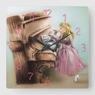 Cute Piano Girl Square Clock, Elegant Vintage Art Wall Clock