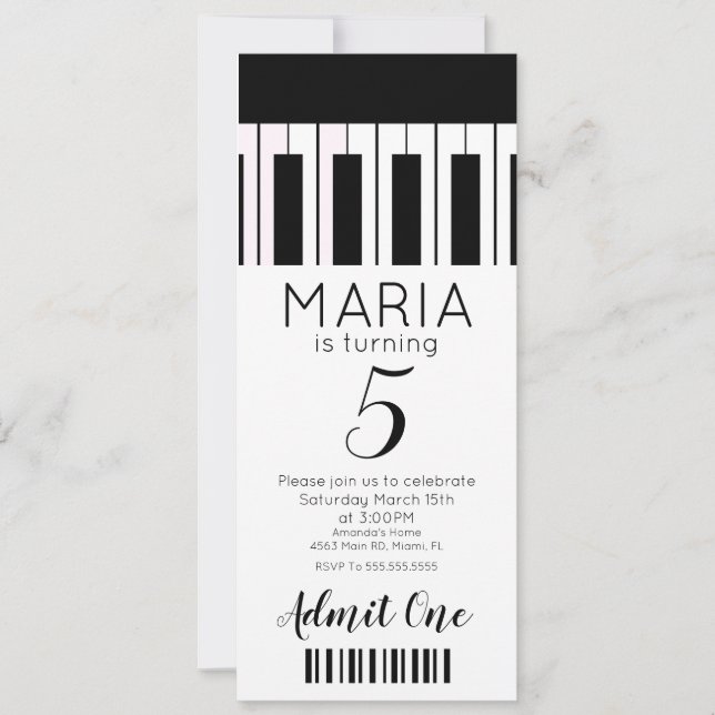 Cute Piano Music   Ticket Style Party  Invitation (Front)