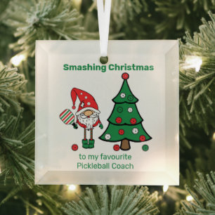 Cute Pickleball Merry Christmas Glass Ornament