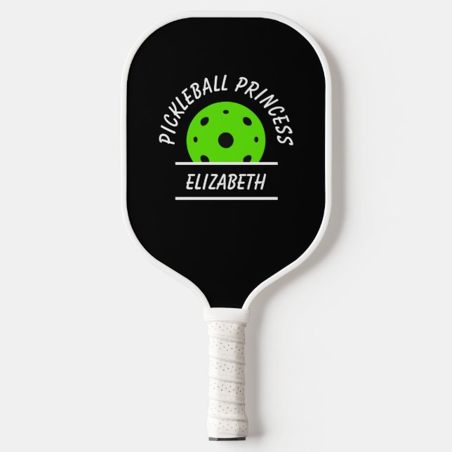 Cute Pickleball Princess Name Ball Black Green Paddle (Front)