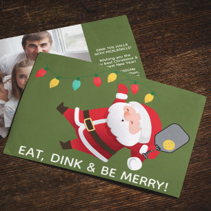 Cute Pickleball Santa Green Christmas Photo Holiday Card
