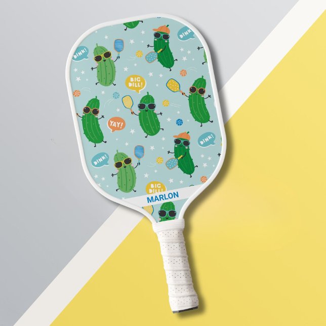 Cute Pickles playing Pickleball on light blue Paddle (Creator Uploaded)