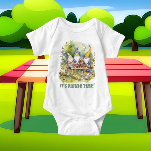 cute picnic add text gnomes  baby bodysuit (Creator Uploaded)
