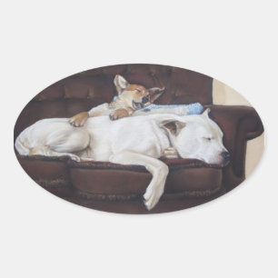 cute picture of puppy cuddling oval sticker