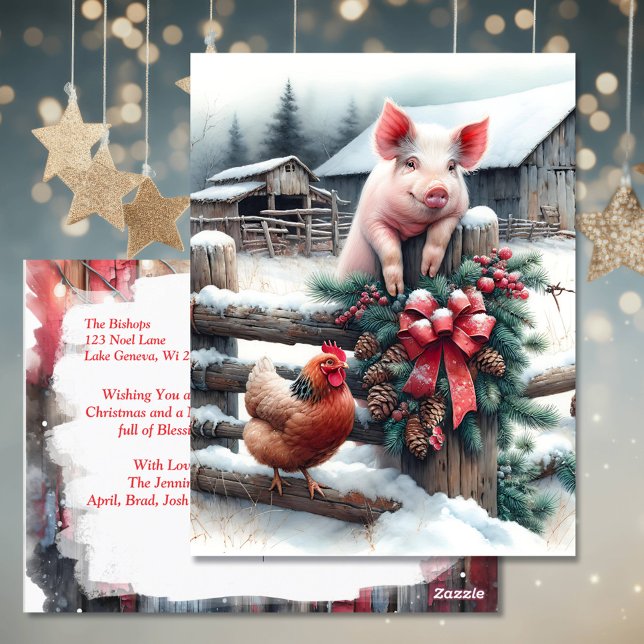 Cute Pig and Chicken Christmas Farm Personalised Postcard (Creator Uploaded)