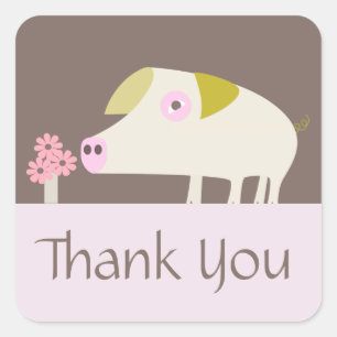 Cute Pig and Pink Flowers brown Square Sticker
