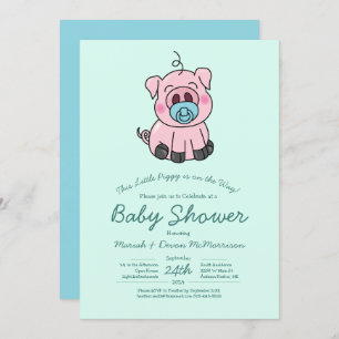 Cute Pig Baby Shower Kawaii Blue Boy Invitation