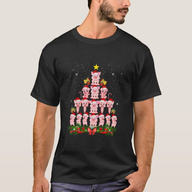 Cute Pig Christmas Tree With Ornament Xmas T-Shirt (Front)