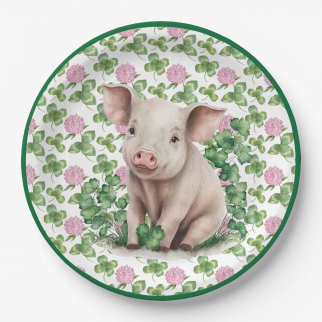 Cute Pig & Clover | St Patrick's Day Paper Plates (Front)