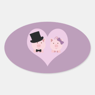 Cute Pig Couple Oval Sticker