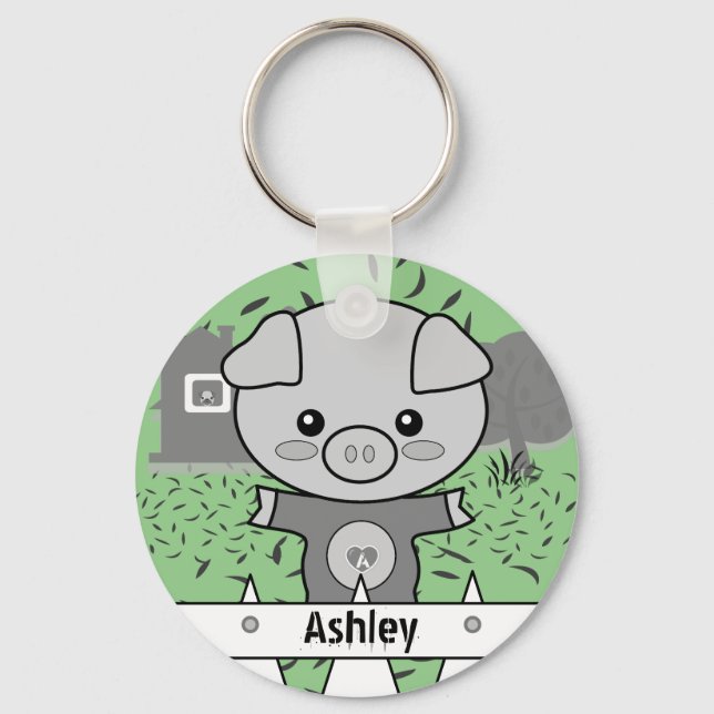 Cute Pig Custom Name & Initial Key Ring (Front)