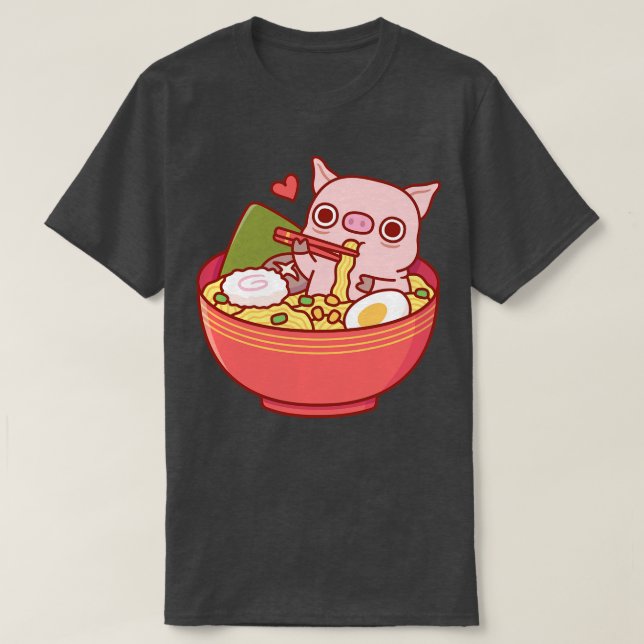 Cute Pig Eating Ramen Noodles In Bowl T-Shirt (Design Front)