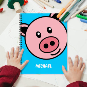 Cute Pig Head Simple Cartoon Name Monogram Blue Notebook