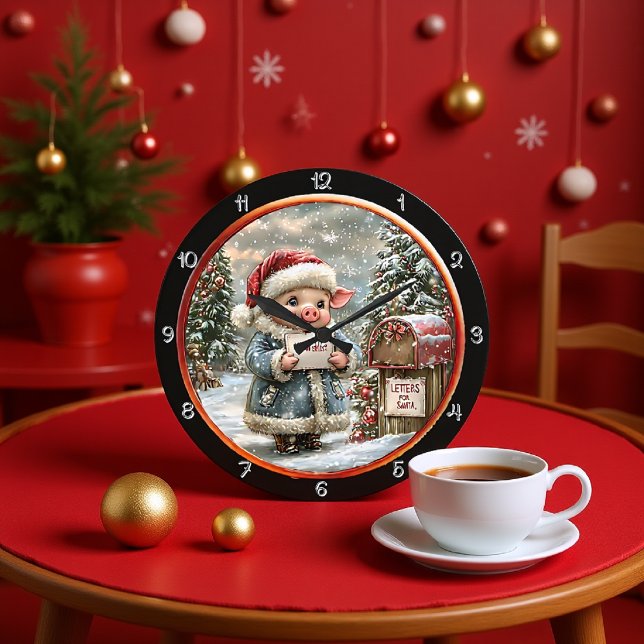 Cute Pig Holds Christmas Wishlist Large Clock (Creator Uploaded)
