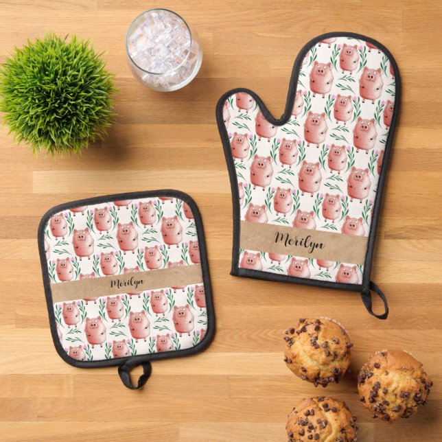 Cute Pig Illustration Oven Gloves – Farm Animal  Mitt & Pot Holder Set (Top Down)