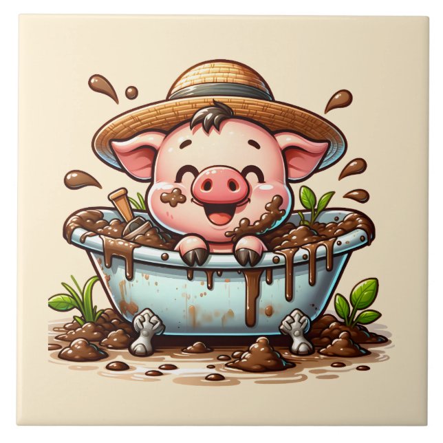 Cute pig in a mud bath bathroom tile (Front)