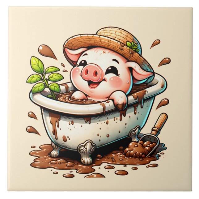 Cute pig in a mud bath bathroom  tile (Front)
