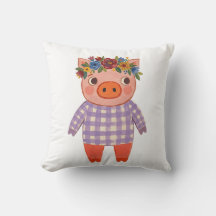 Cute Pig in Flower Crown Throw Pillow