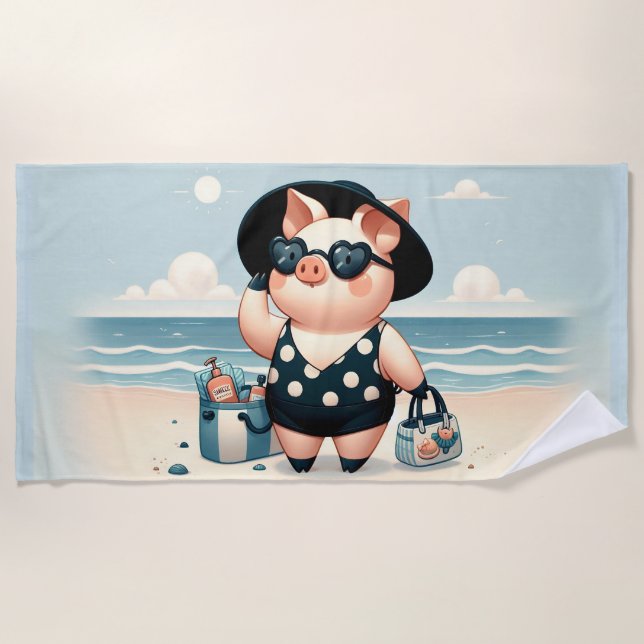 Cute Pig in Polka Dot Swimsuit at the Beach Beach Towel (Front)