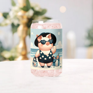 Cute Pig in Polka Dot Swimsuit at the Beach Can Glass