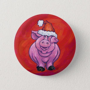 Cute Pig in Santa Hat on Red 6 Cm Round Badge
