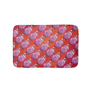 Cute Pig in Santa Hat on Red Bath Mat