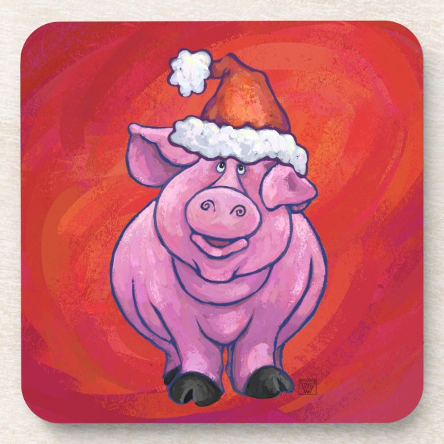 Cute Pig in Santa Hat on Red Coaster (Front)