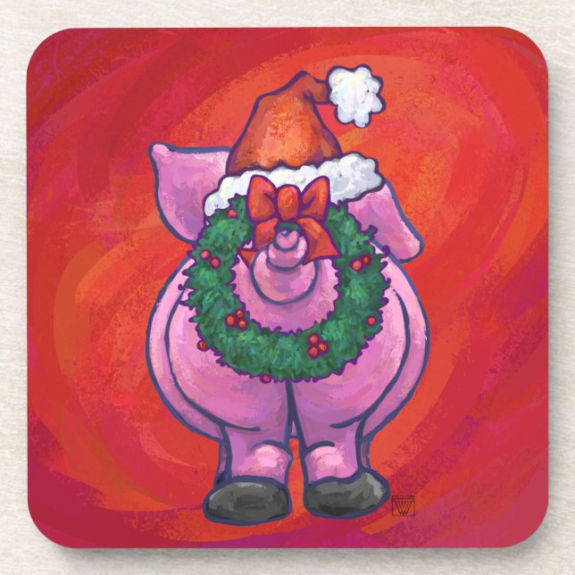 Cute Pig in Santa Hat on Red Coaster (Front)