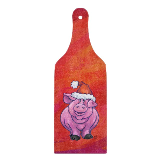 Cute Pig in Santa Hat on Red Cutting Board (Front)