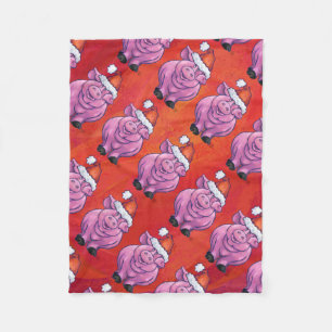 Cute Pig in Santa Hat on Red Fleece Blanket