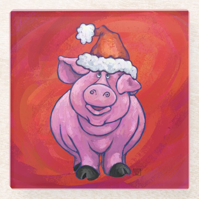 Cute Pig in Santa Hat on Red Glass Coaster (Front)