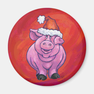 Cute Pig in Santa Hat on Red Magnet