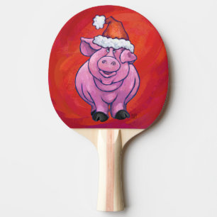 Cute Pig in Santa Hat on Red Ping Pong Paddle