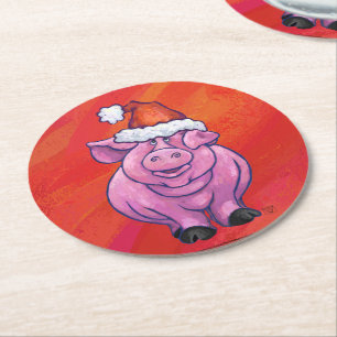Cute Pig in Santa Hat on Red Round Paper Coaster