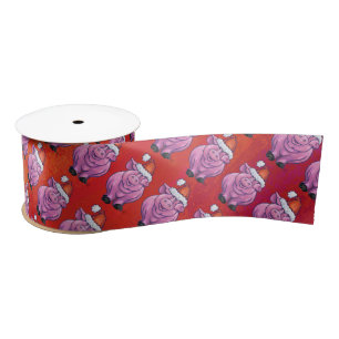 Cute Pig in Santa Hat on Red Satin Ribbon