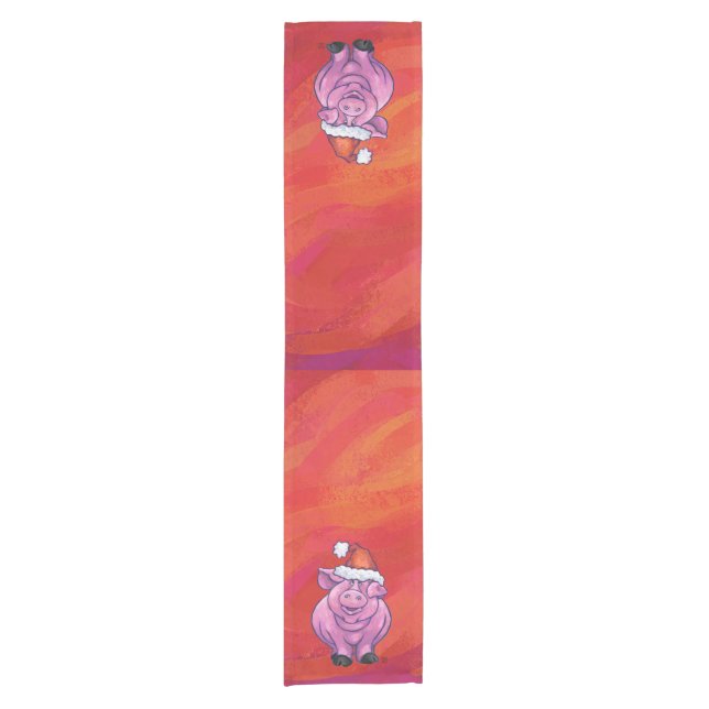 Cute Pig in Santa Hat on Red Short Table Runner (Front)