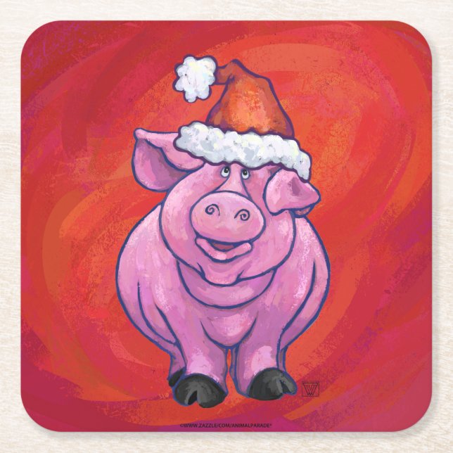 Cute Pig in Santa Hat on Red Square Paper Coaster (Front)