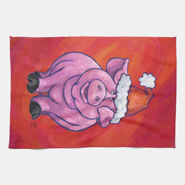 Cute Pig in Santa Hat on Red Tea Towel (Horizontal)
