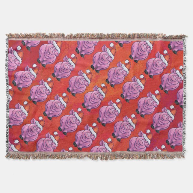 Cute Pig in Santa Hat on Red Throw Blanket (Front)