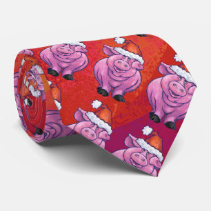 Cute Pig in Santa Hat on Red Tie