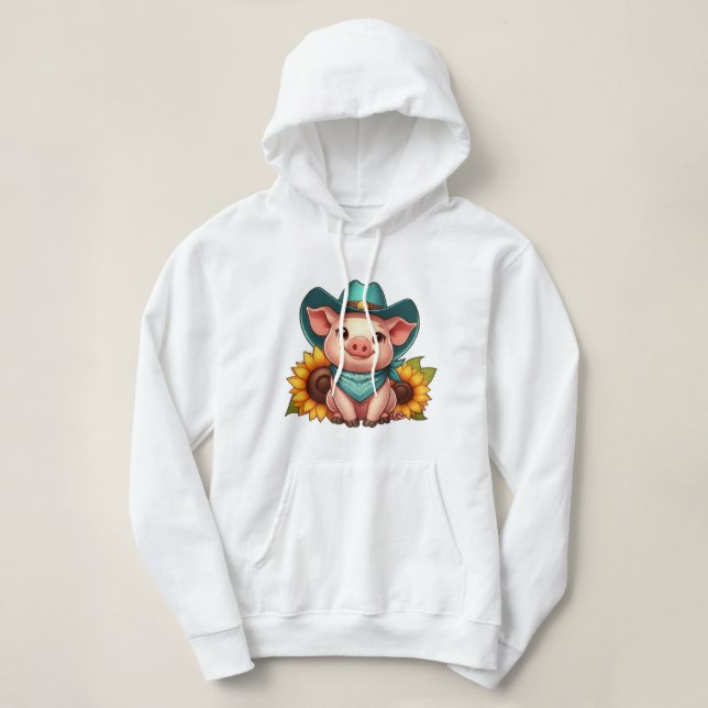Cute Pig in Teal Cowboy Hat  Hoodie (Design Front)