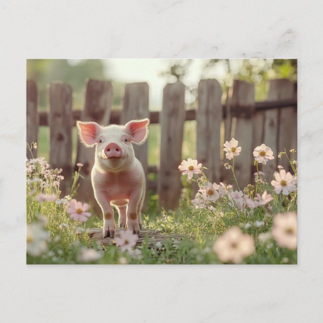 Cute Pig in the Flower Garden Postcard (Front)