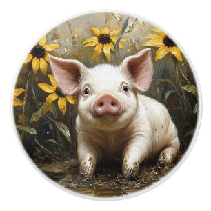 Cute Pig in the Mud Ceramic Knob