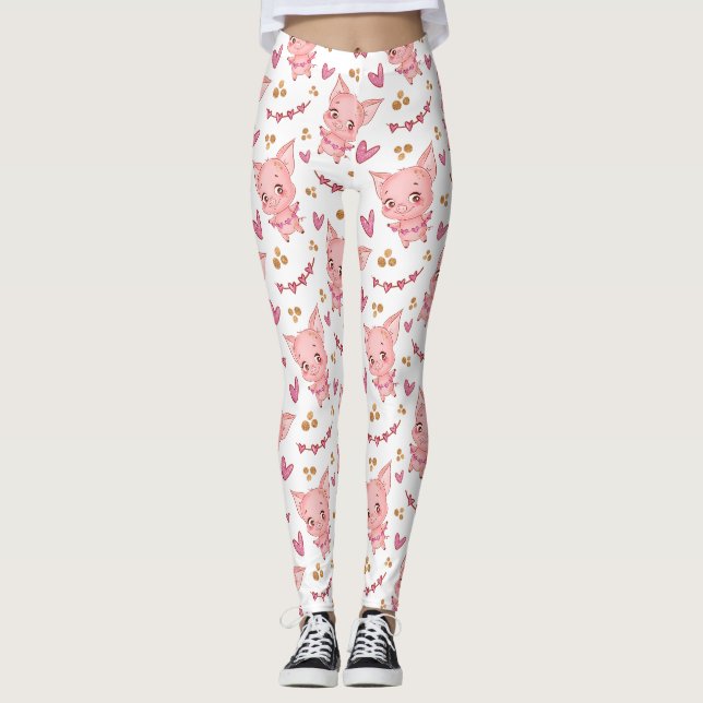 Cute Pig Pattern With Hearts Leggings (Front)