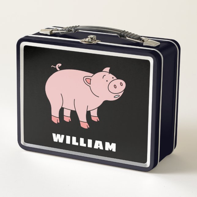Cute Pig Personalised Custom Name Back To School Metal Lunch Box (Front)